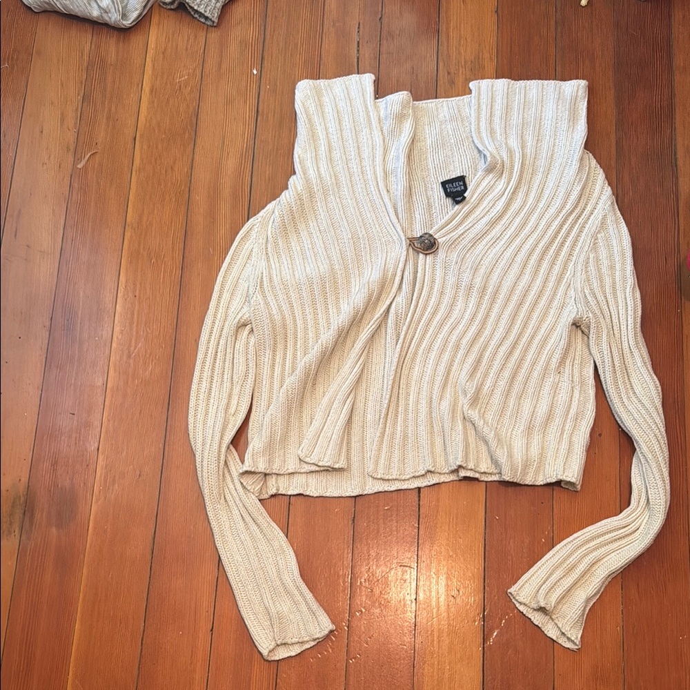 Eileen Fisher Cream Ribbed Cardigan with Button Accent